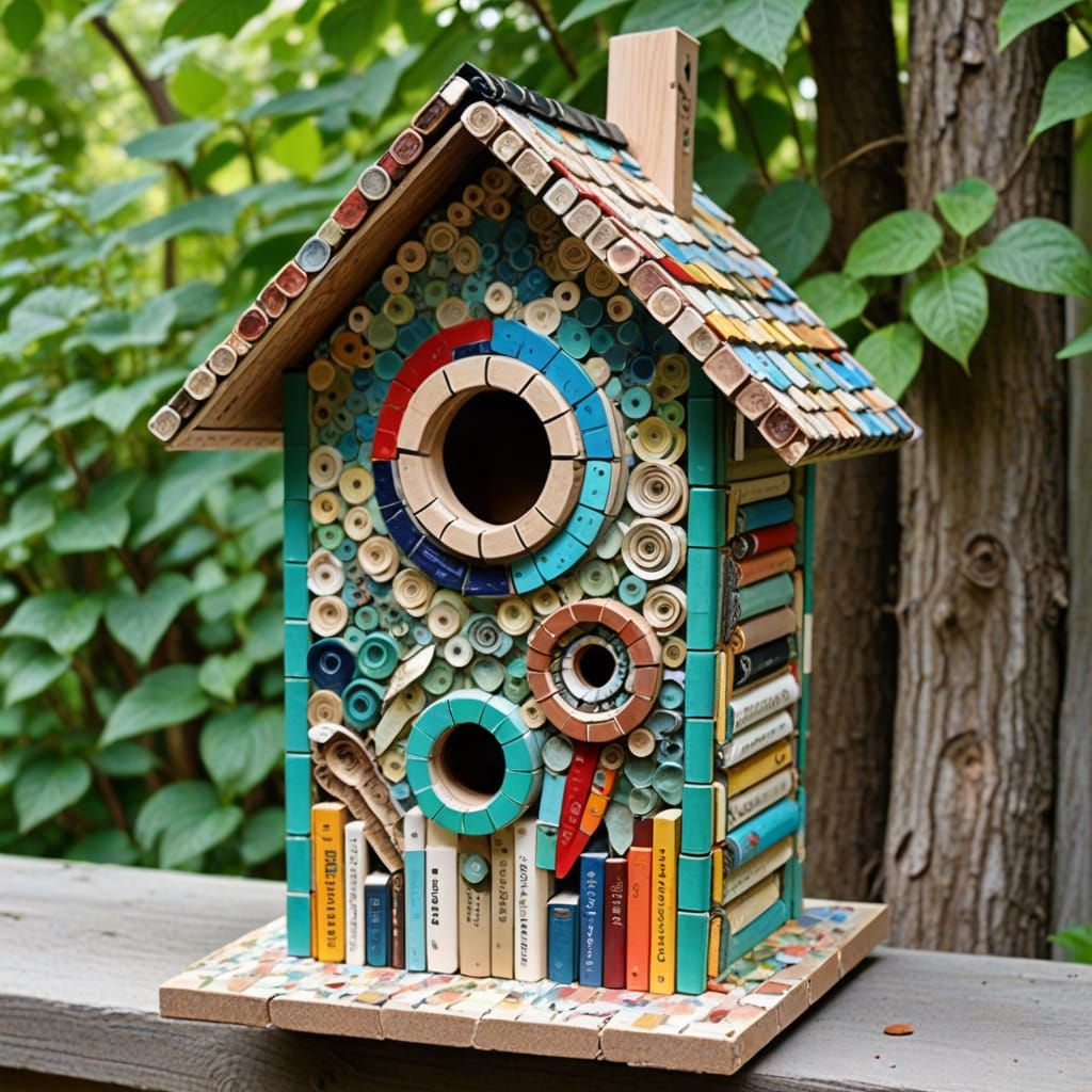 Recycled Birdhouse Illustration with Stone and Seed Mosaics