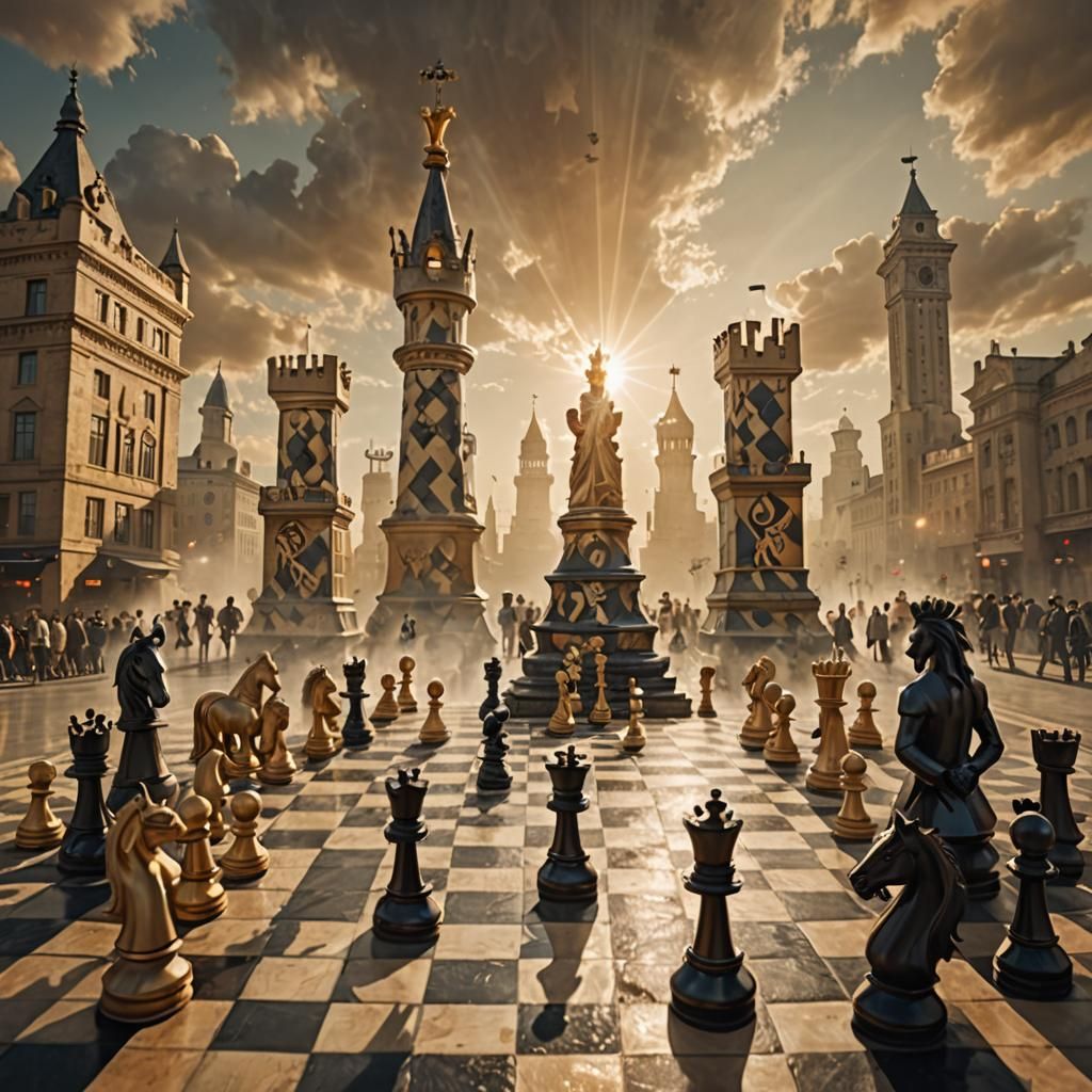 Surreal Chess Game Between Gods in Urban Square