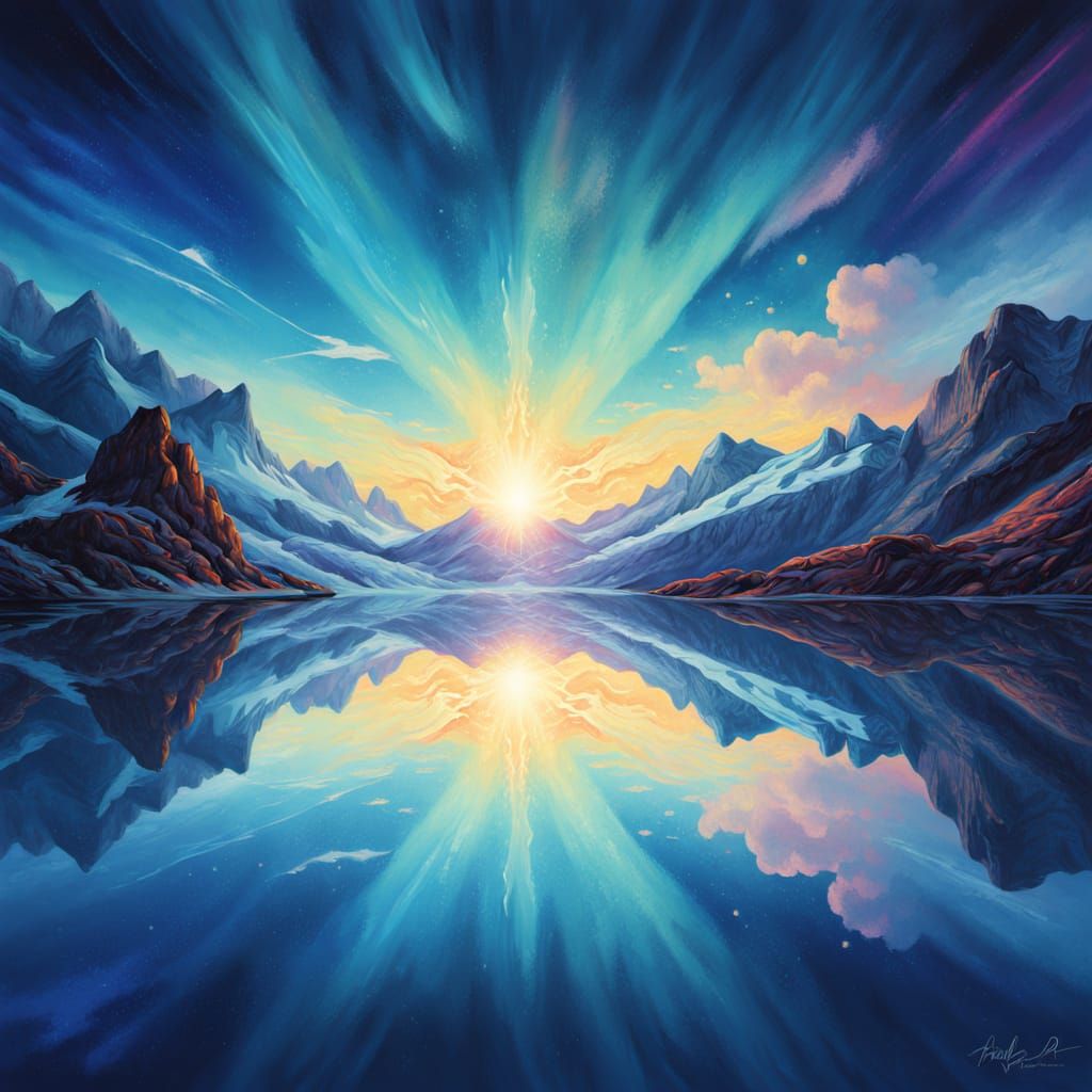 Crystal Lake Reflecting Auroras in Surreal Style