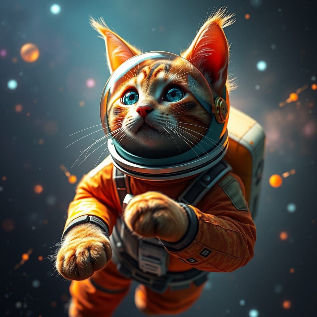 Cat in Spacesuit Soaring Through Galaxy: Art Nouveau