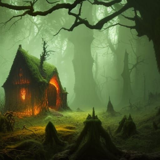 Mossy Forest Hut in Gothic Horror Style