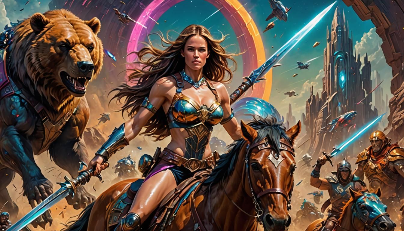 Jennifer Garner as a heroine, holding a sword in her hand,