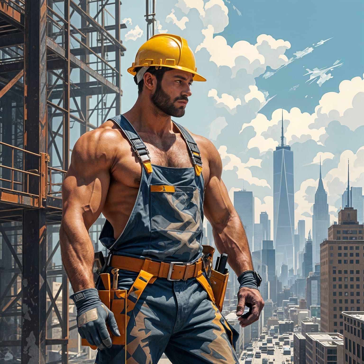 Cubist Construction Worker in Geometric Cityscape