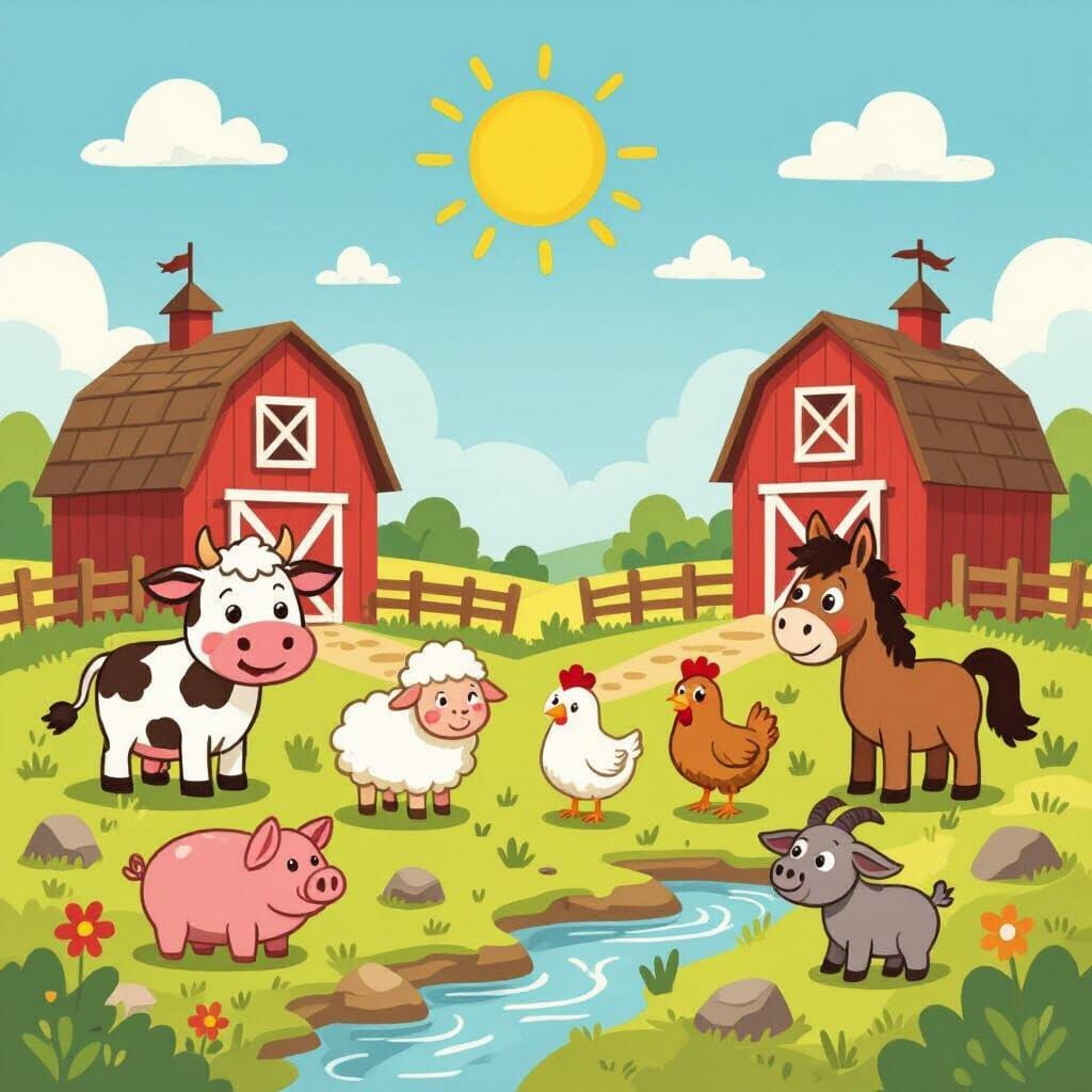 Cartoon Farm Scene with Cheerful Animals