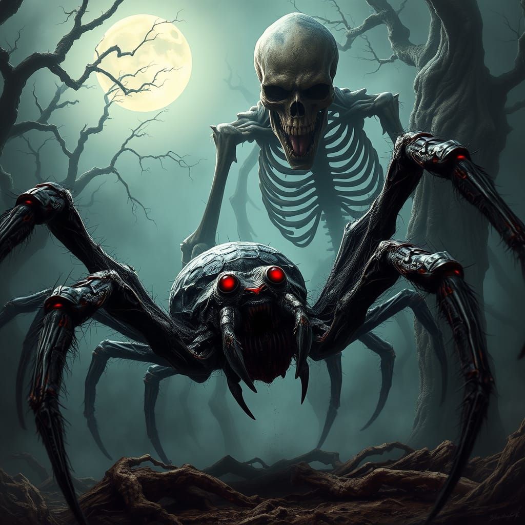 Dark Fantasy Spider Attacks a Twisted Skeleton in a Haunted ...
