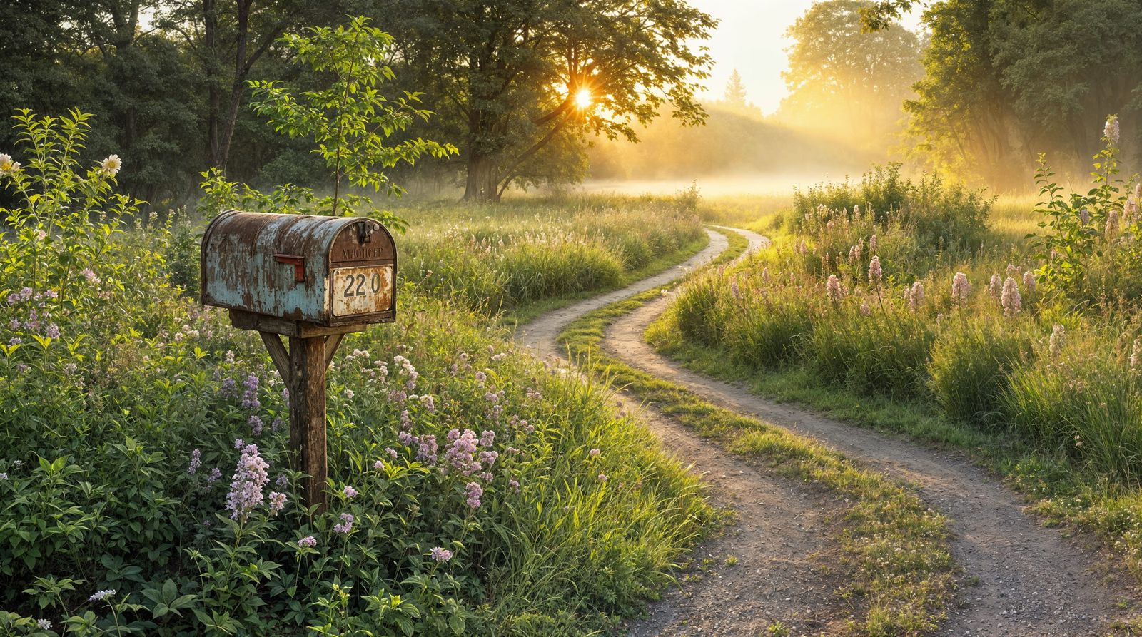 Dirty Mailbox in a Blooming Meadow at Dawn