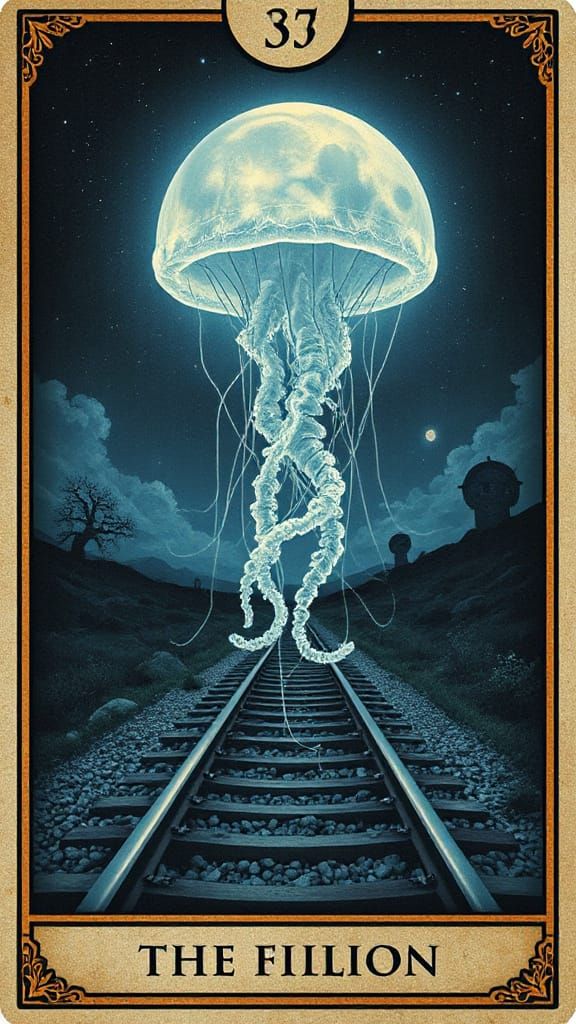 Mystical Nighttime Scene with Jellyfish and Train Tracks