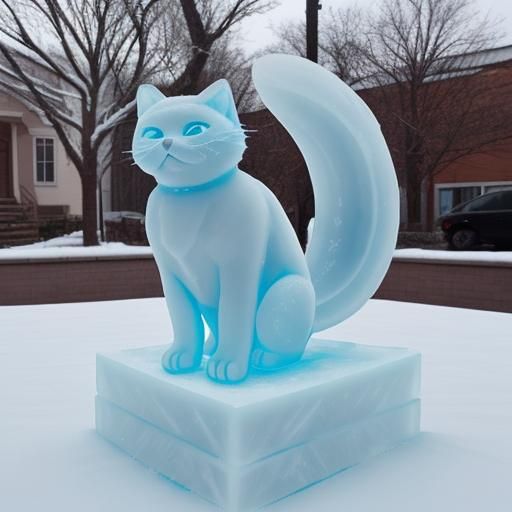 Detailed Ice Sculpture of a Cat with Tail