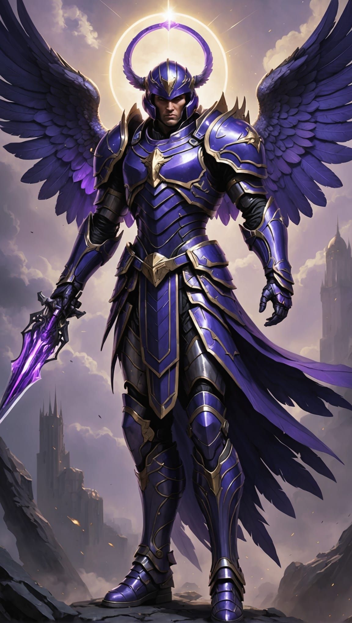 Armored Archangel with Purple Wings and Halo