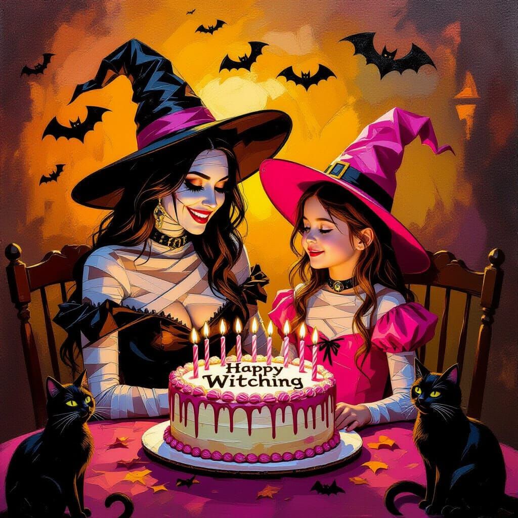 Mummy Witch Celebrates Birthday With Daughter in Oil Paintin...