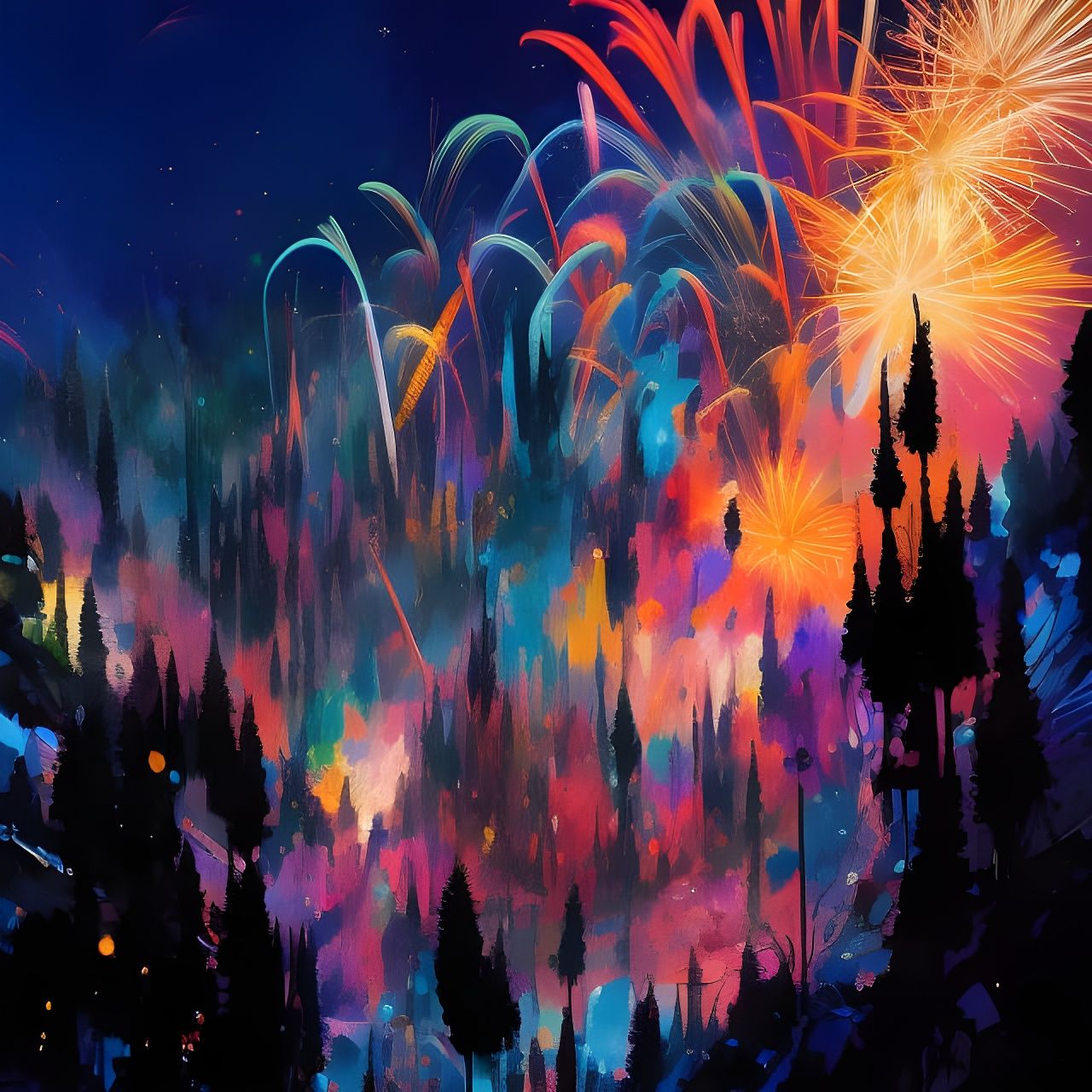 Explosive Fireworks Display in Gouache Illustration Style