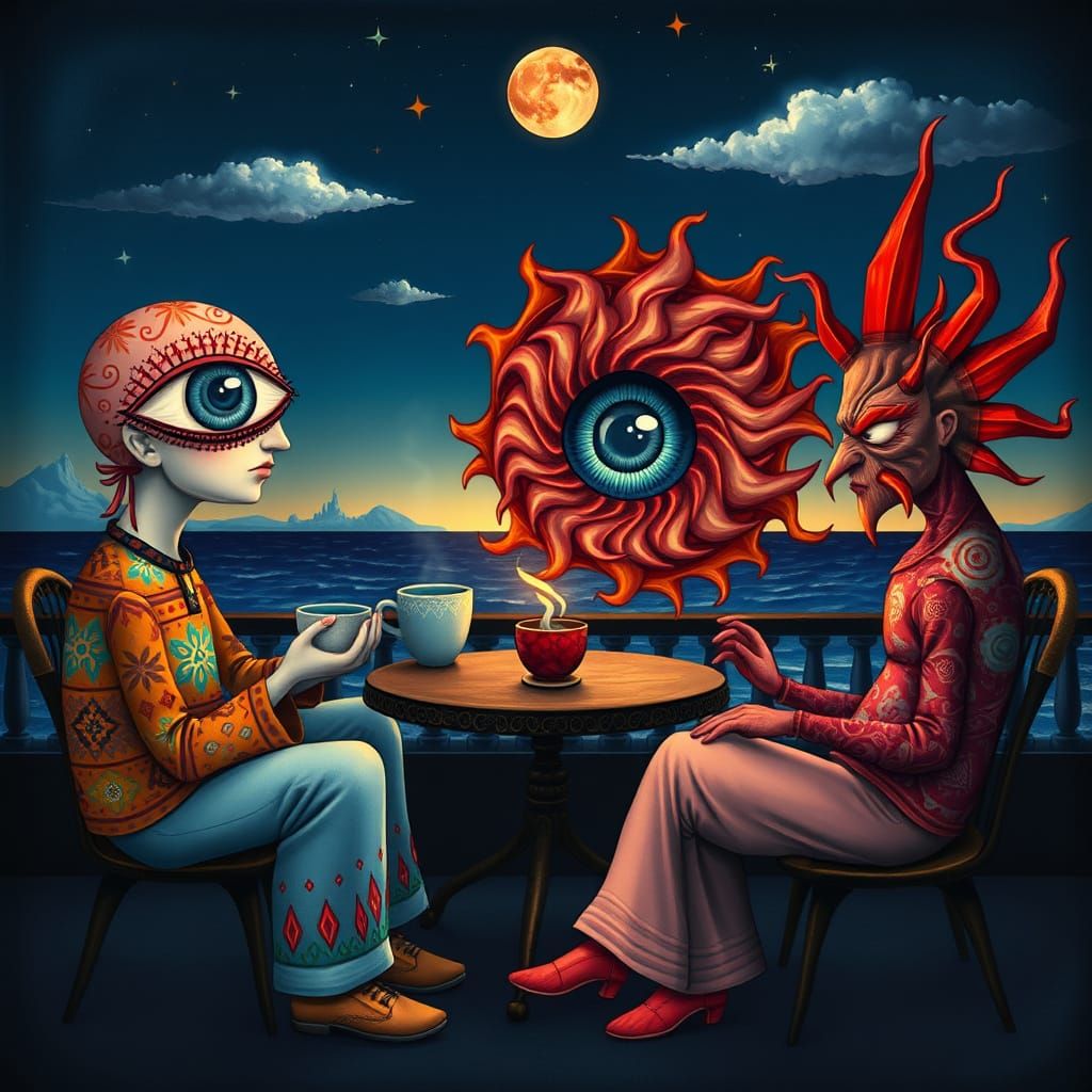 Surreal Morning Coffee Scene With Cosmic Beings