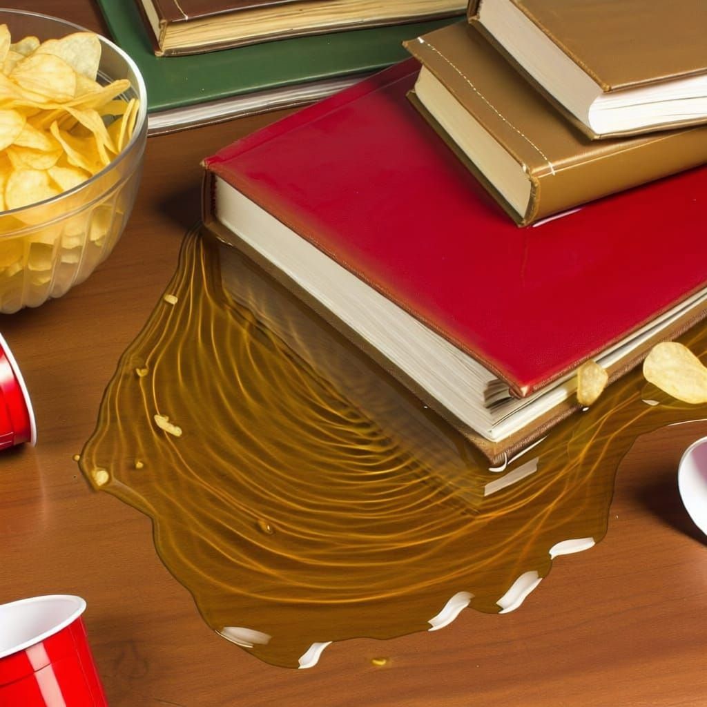 Spilled Drink Spreading on Table with Chips and Notebooks