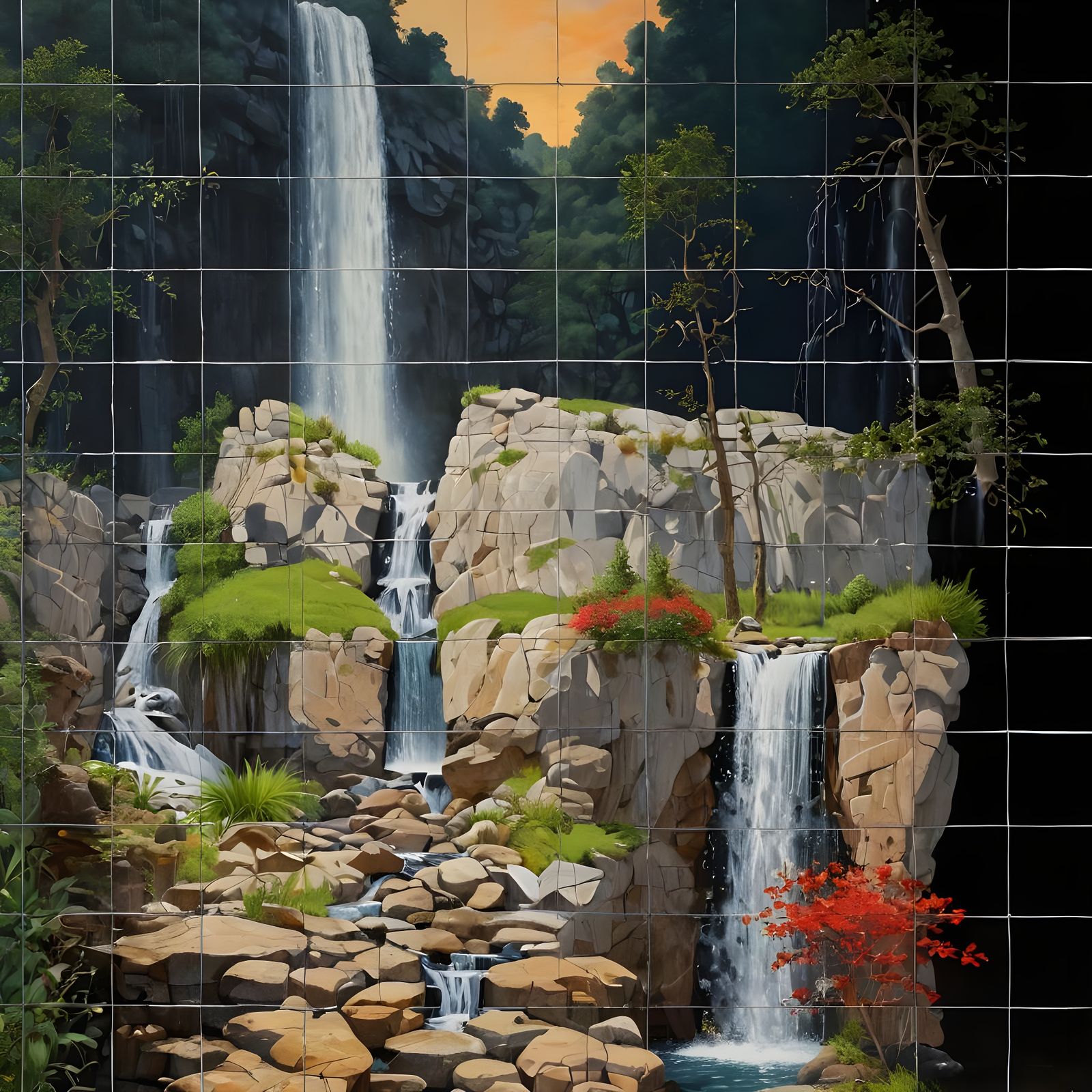 Vibrant Quadrant Landscape Painting with Waterfall