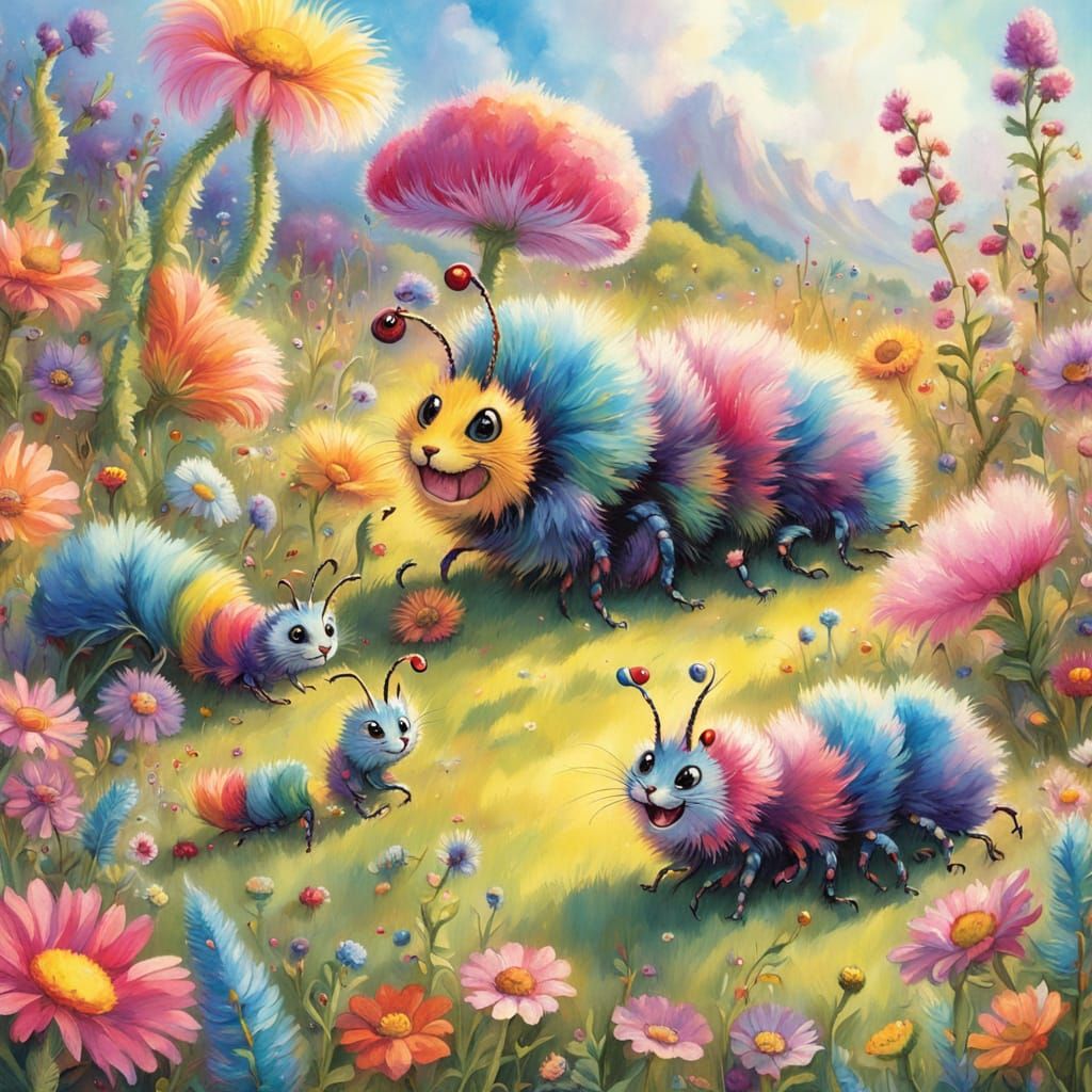 Excited Caterpillars Play with Kitten: Children's Illustrati...