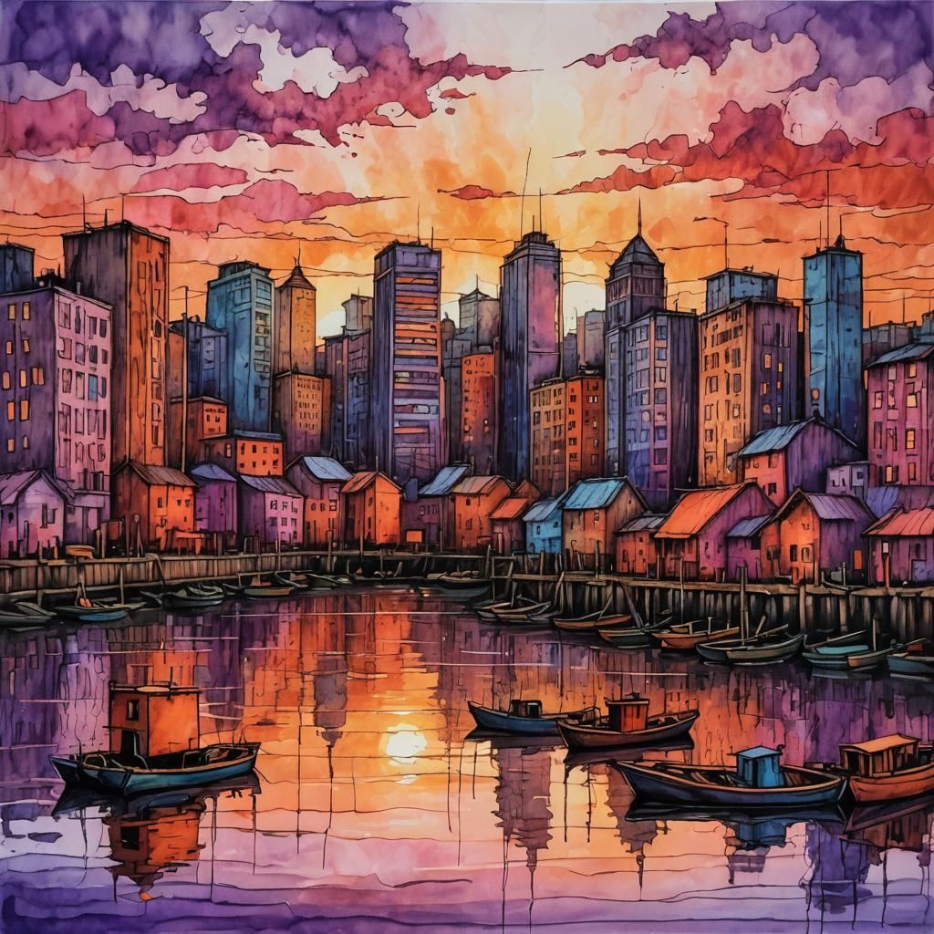 Cityscape Sunset with Cardboard Texture as Impasto Painting