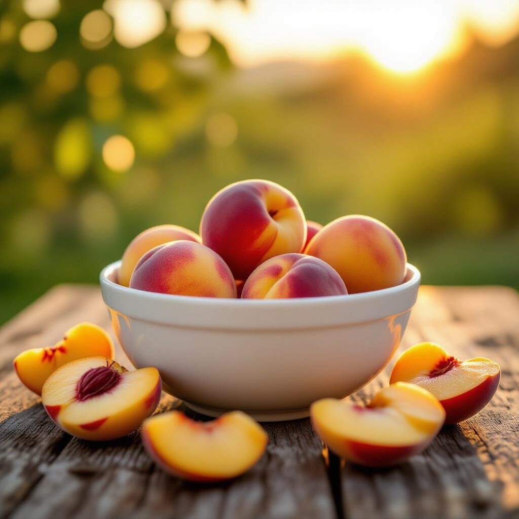 Ripe Peaches in Bowl at Sunrise, Professional Photography