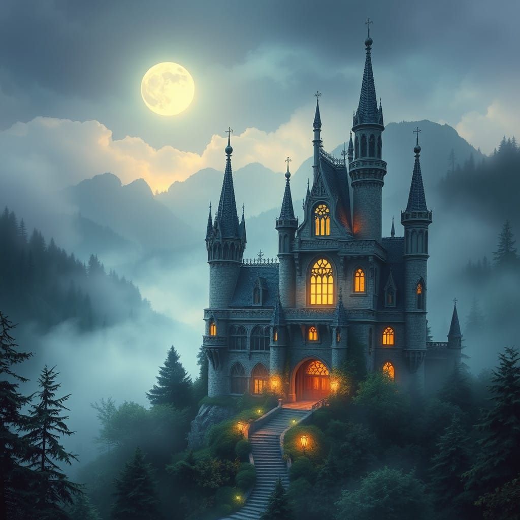 Whimsical Castle Emerge from Ethereal Mist in Dreamlike Twil...