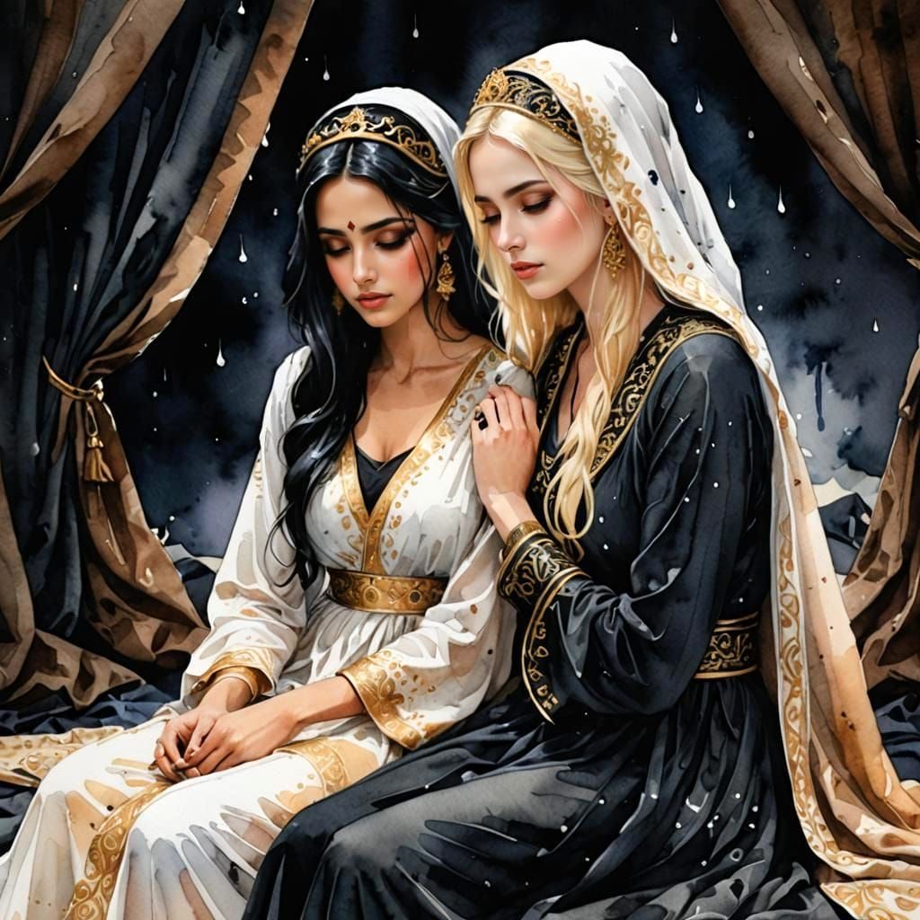 Sorrowful Arabian Princesses in Dark Watercolor