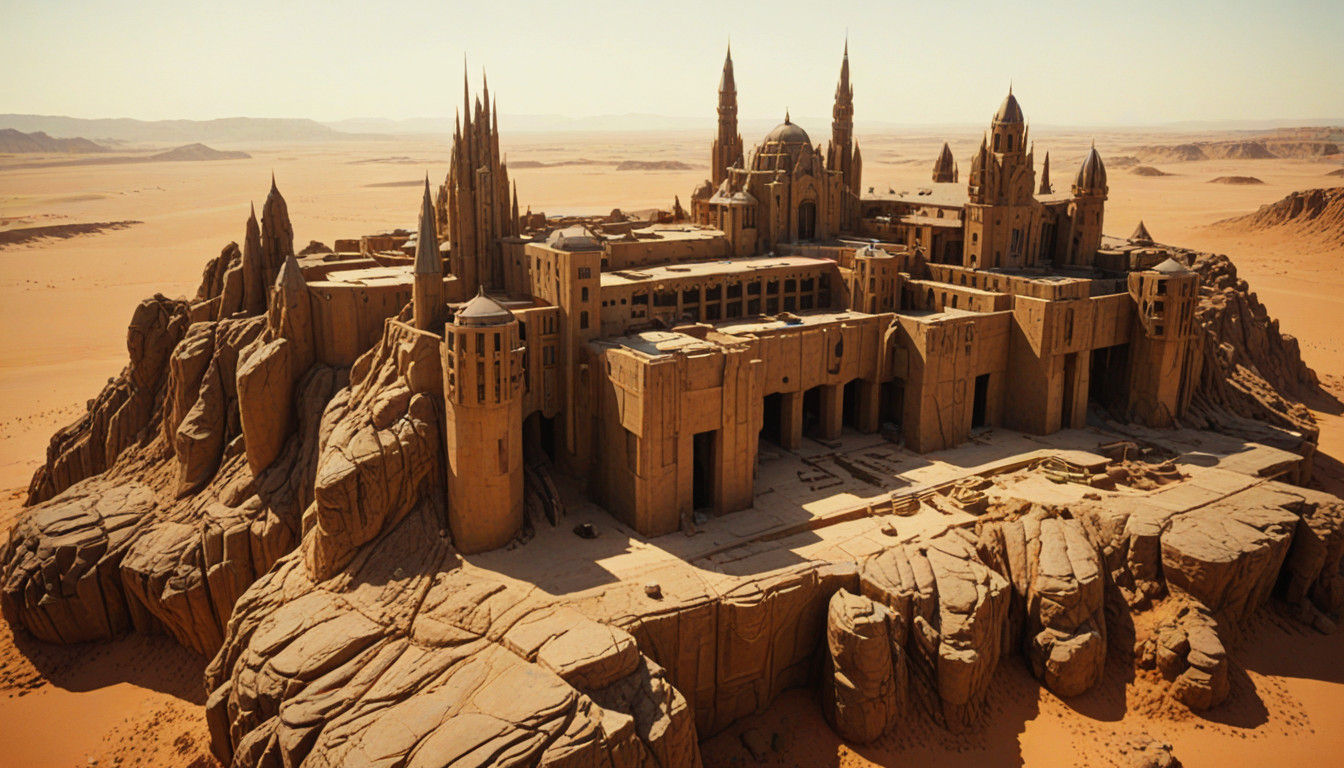 Modern Brutalist Fortress in Desert Landscape