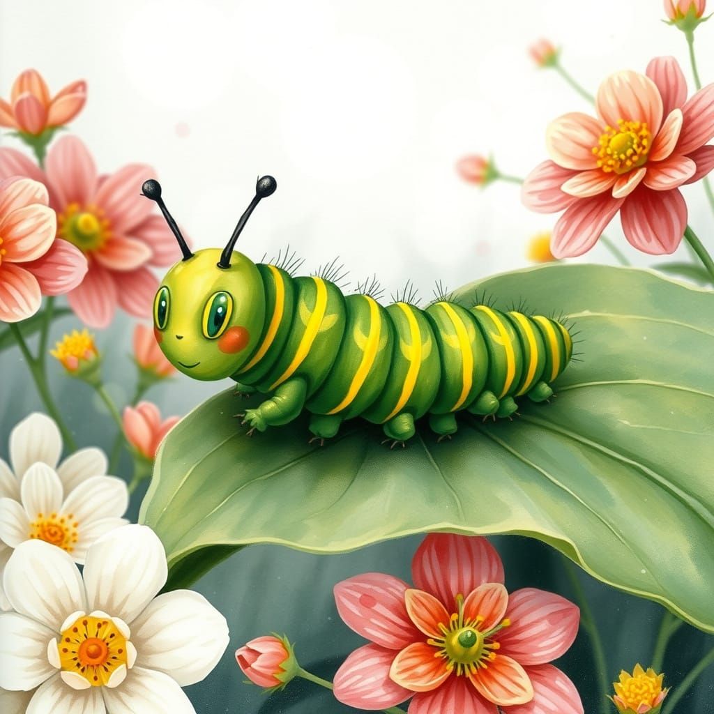 Whimsical Caterpillar Crawling, Watercolor Illustration
