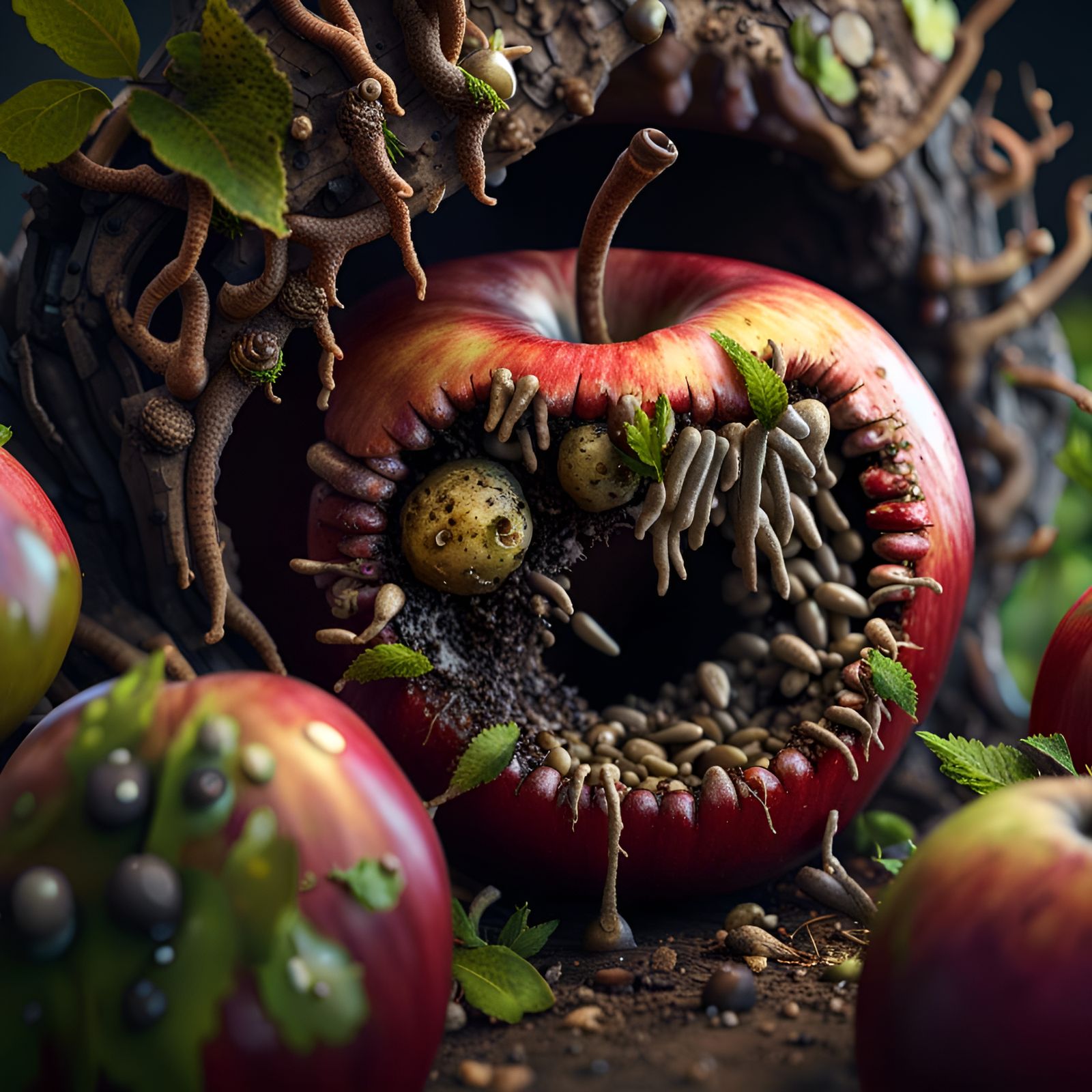 Maggots Feast on Decaying Apple in Surreal 3D Render