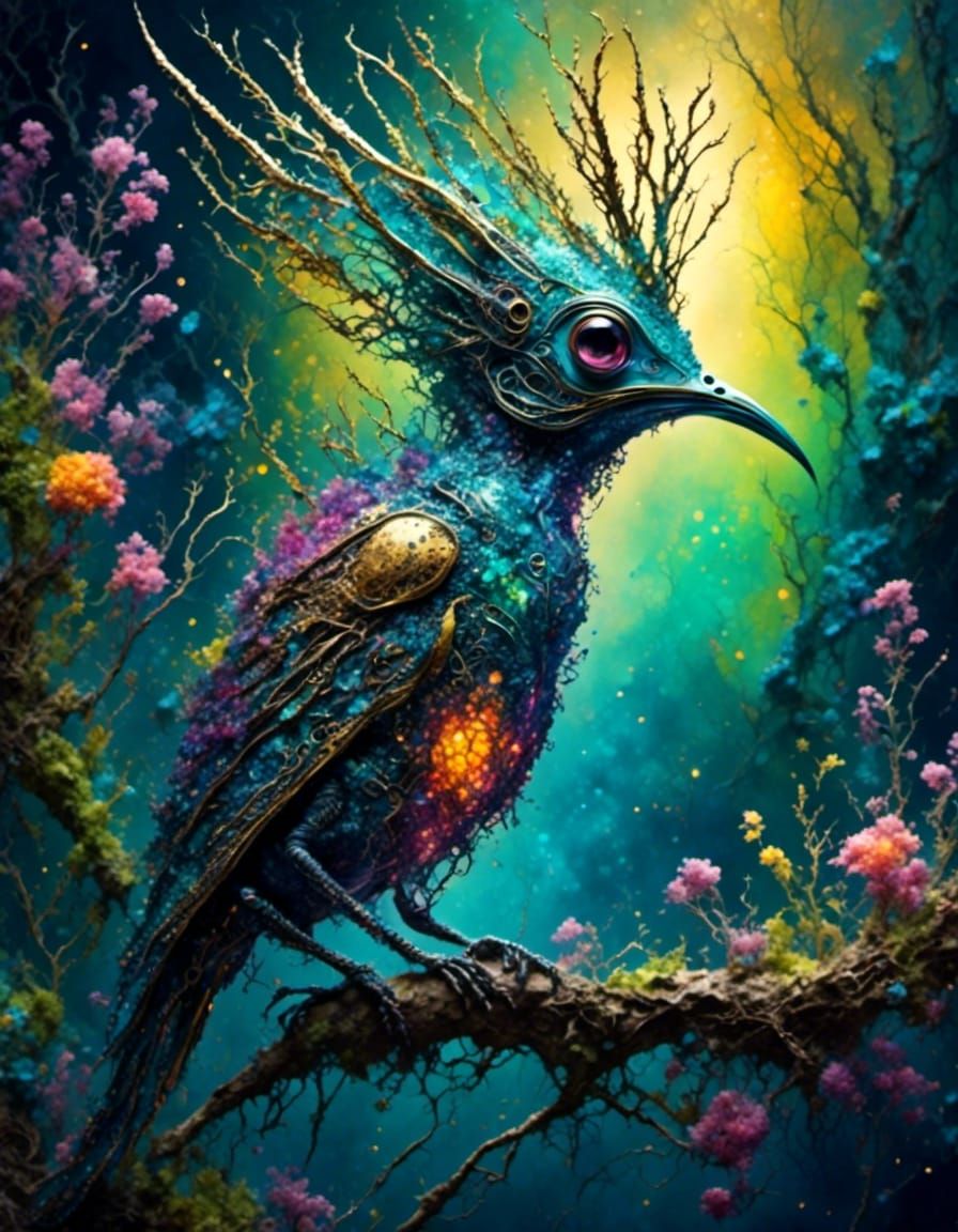 Colorful Bird on Branch in Realistic Fantasy Style