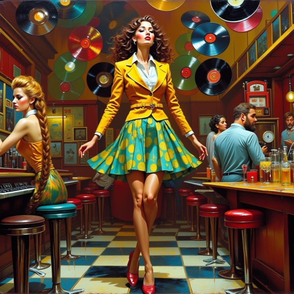 Retro Dance Hall Scene Inspired by Syd Mead