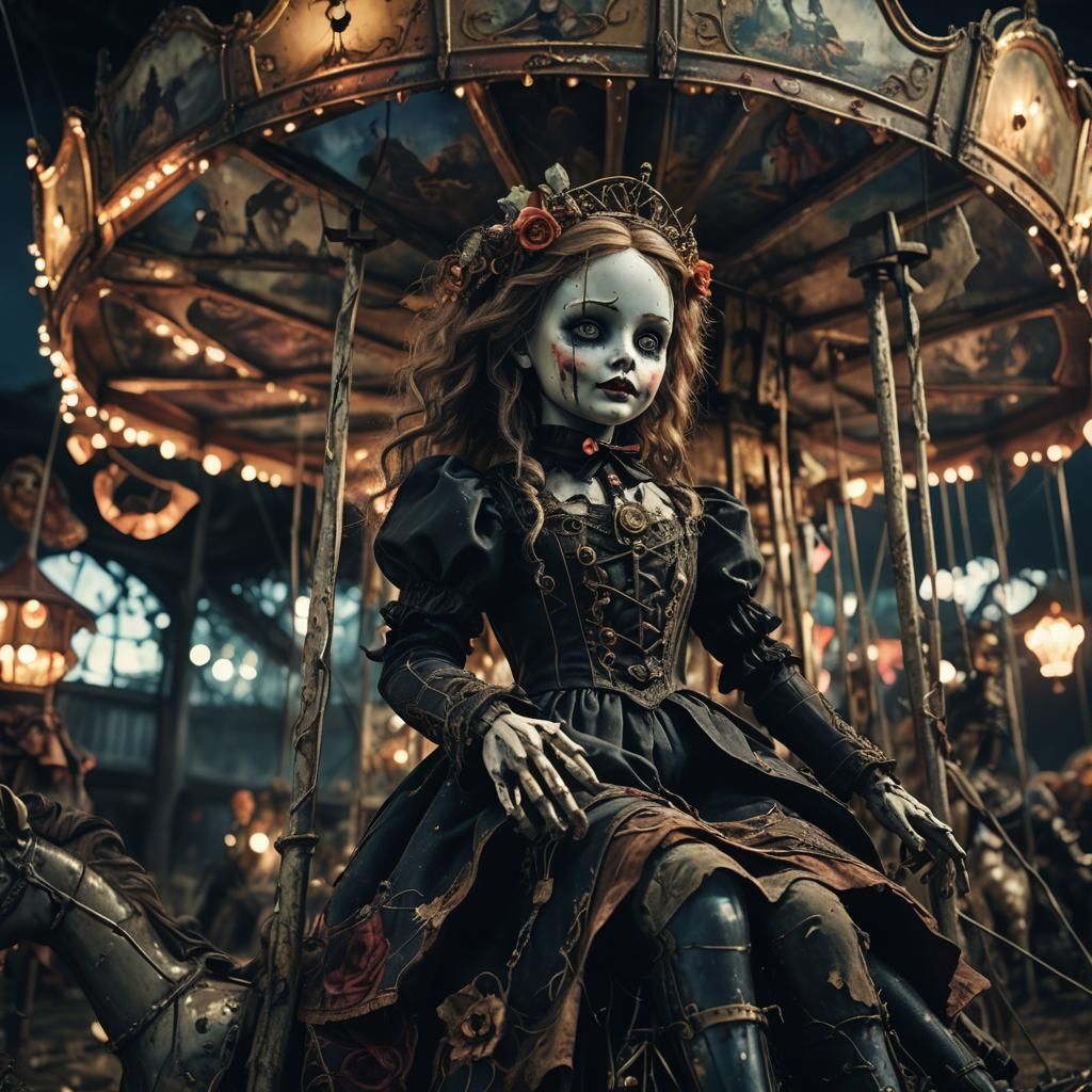 Haunted Doll Rides Overgrown Carousel: Gothic Concept Art