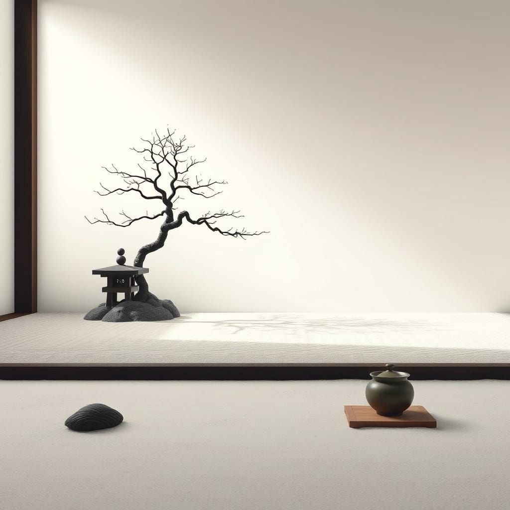 Serene Japanese Garden Tea Ceremony with Bonsai and Lantern