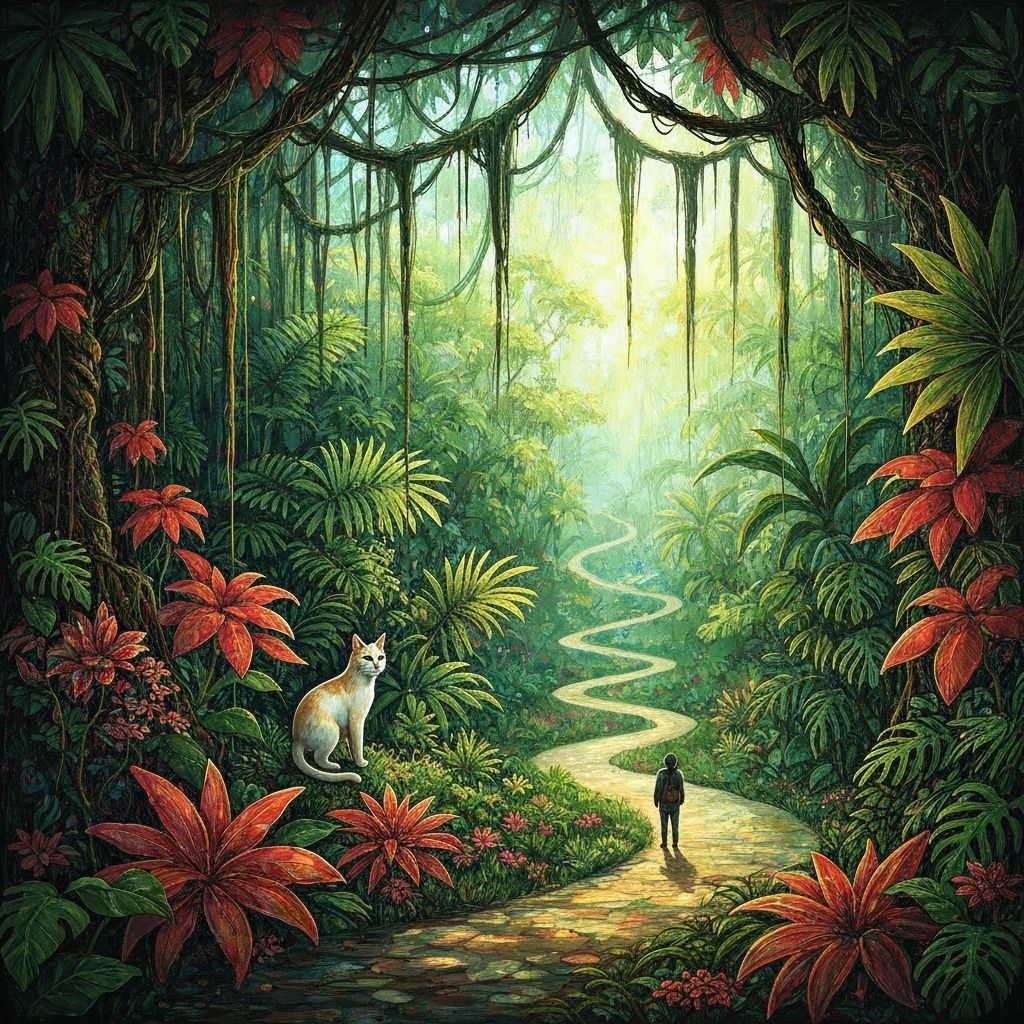 Serene Cat in Lush Jungle, Acrylic Painting Style