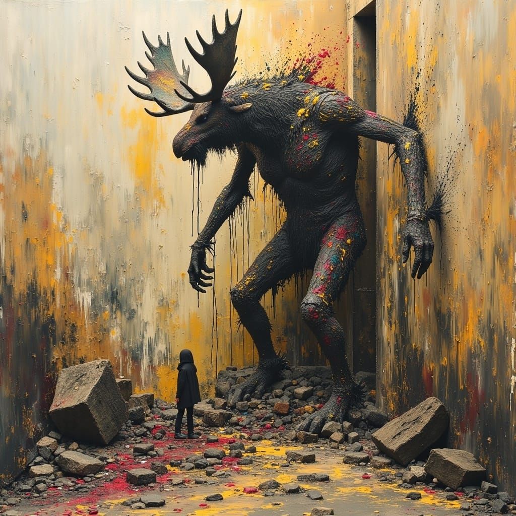 Epic Moose-Monster Hybrid in Dark Oil Paint Style