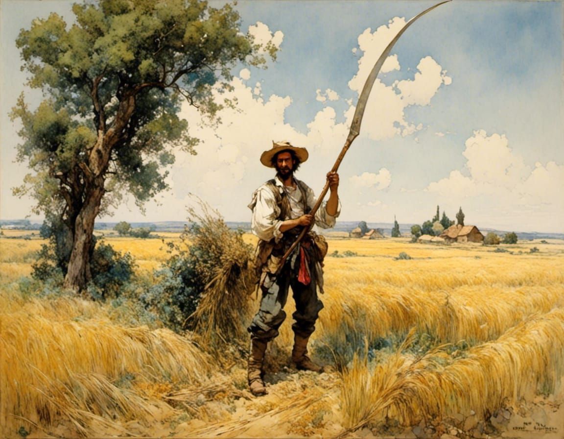 Peasant with Scythe in Wheat Field