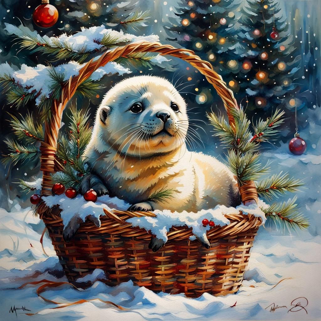 Adorable Chibi Seal in Basket by Christmas Tree