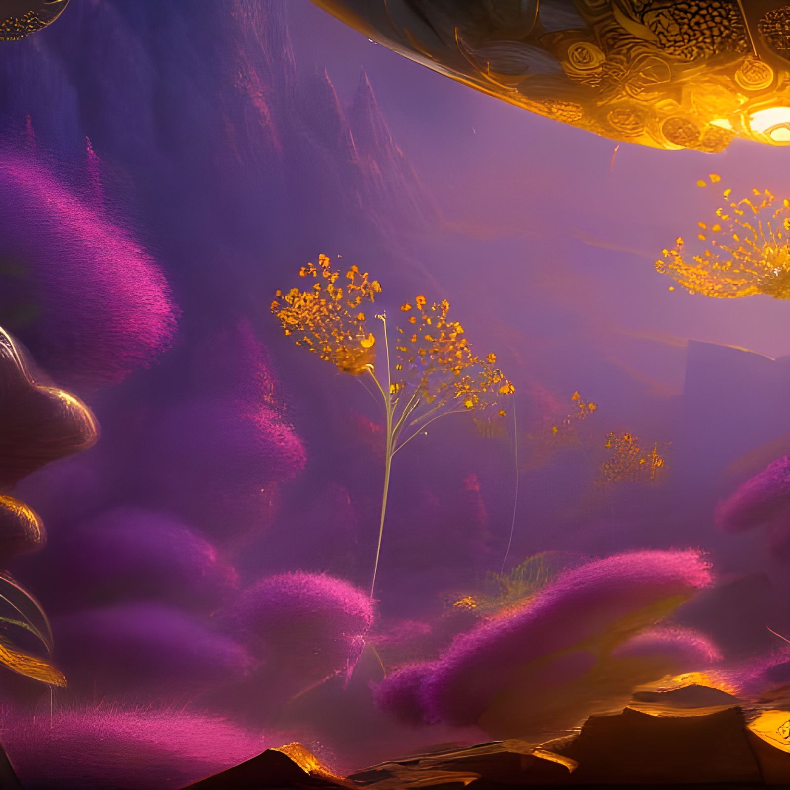 Golden Flower in Detailed Fantasy Landscape