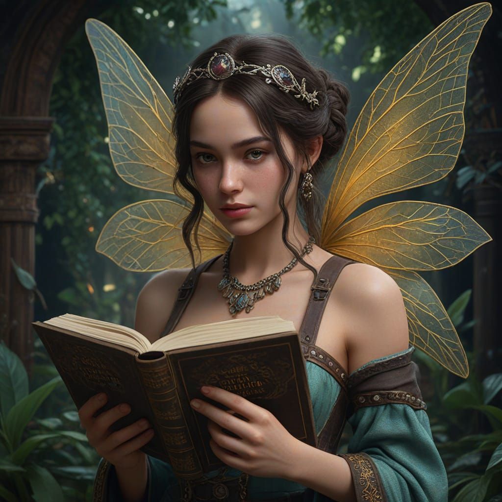 Enchanted Fairy Reads in a Whimsical Fantasy Garden