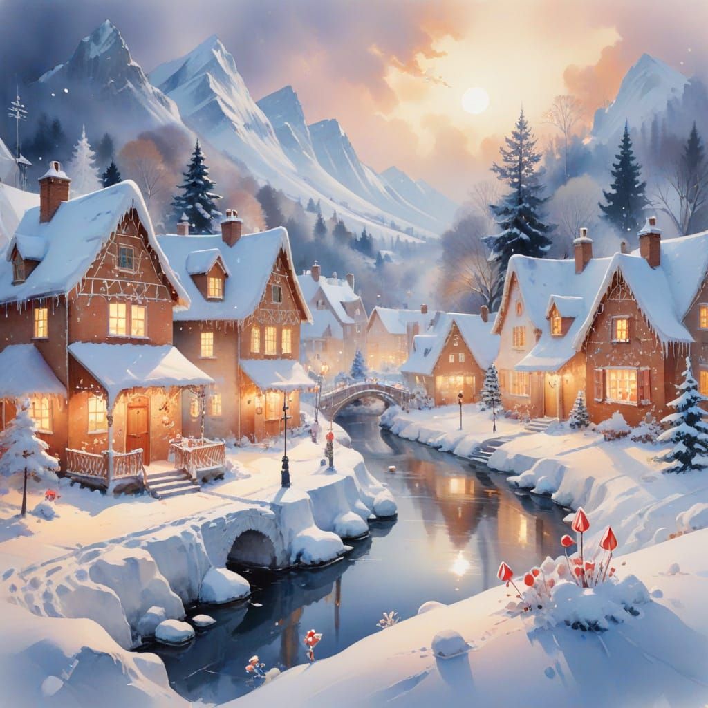 Gingerbread Village in Snowy Fairytale Landscape
