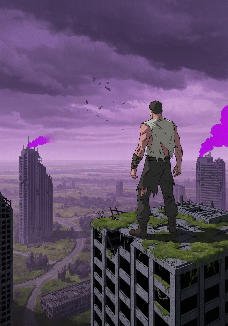 Post-Apocalyptic Survivor Overlooks Overgrown City