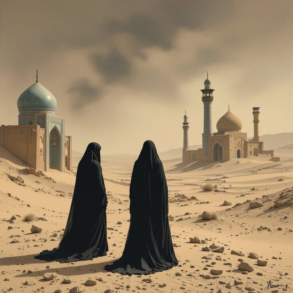 Desolate Iranian Landscape with Figure in Chador