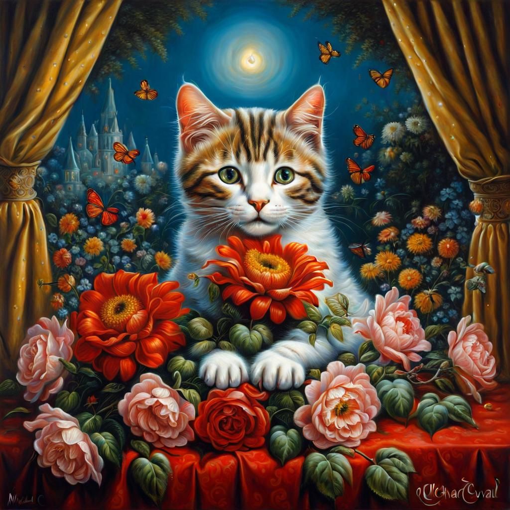 Cute Cat Surrounded by Flowers in Surreal Style
