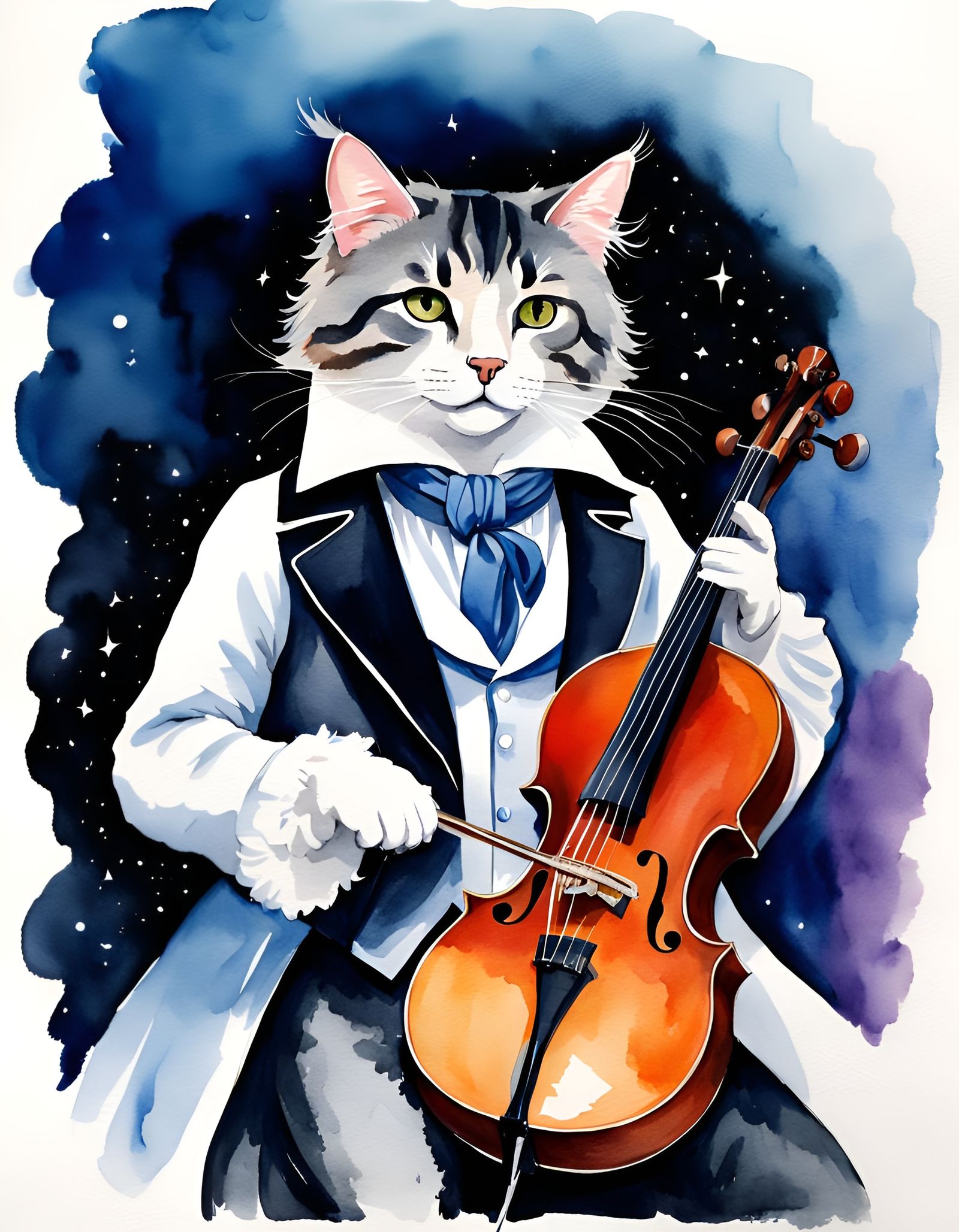 Beethoven as a Cat: Watercolor and Ink Art