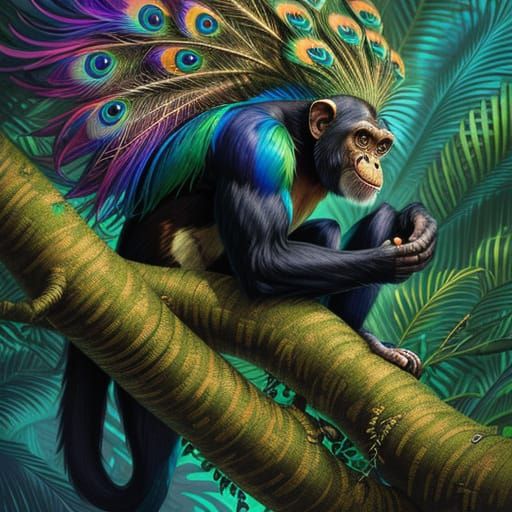 Exotic Chimpanzee Peacock Fusion in Digital Art