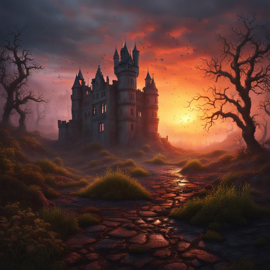 Abandoned Gothic Castle at Sunset: Photorealistic Digital Ar...