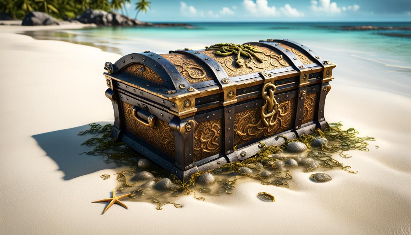 Pirate Treasure Chest on Tropical Island Beach