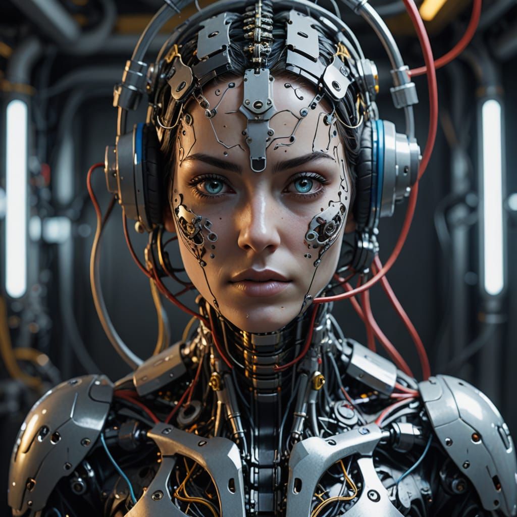 Ultra Realistic Cyborg Girl Portrait with Neon Details