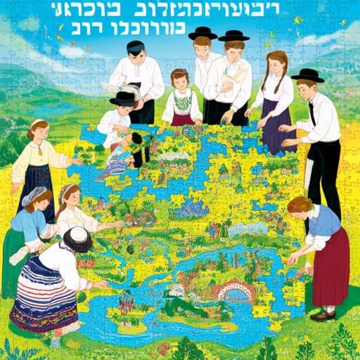 Haredi Family Assembling a Puzzle Landscape in Folk Art Styl...