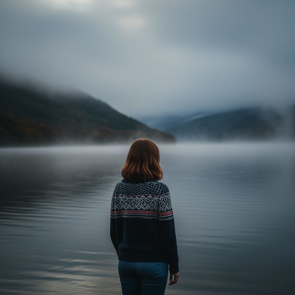 Loch Ness Auburn Haired Girl in Foggy Landscape