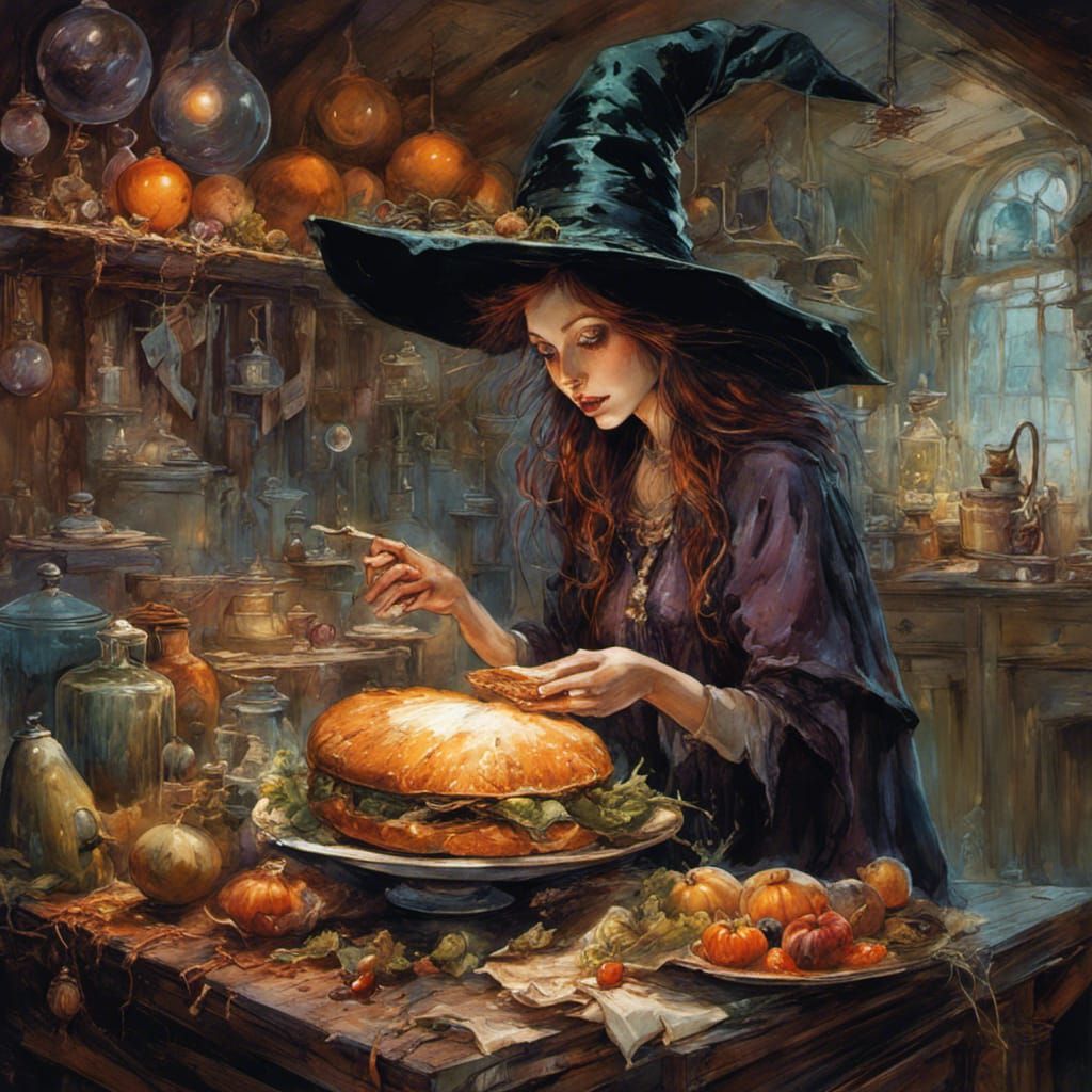 Beautiful Witch Making Sandwich in Haunted Kitchen