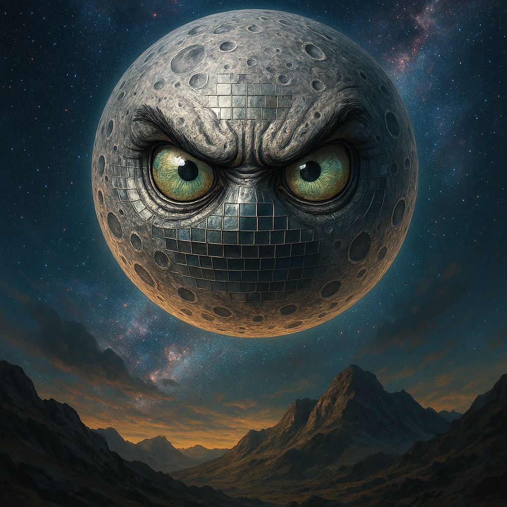 Giant Disco Ball Eyeball Moon in Hyperrealistic Sky