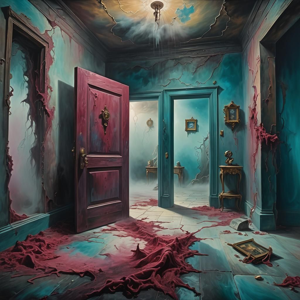 Mysterious Room with Glowing Door in Surreal Style